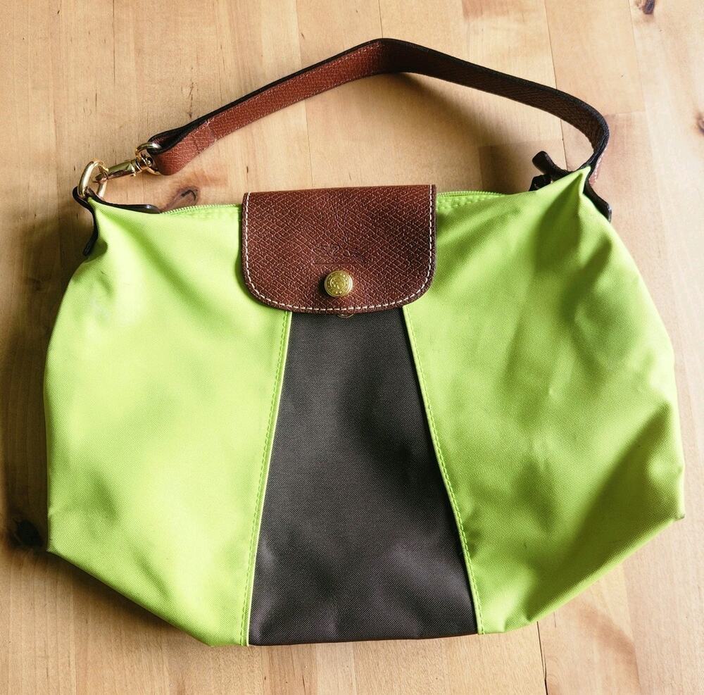 Vintage Longchamp Le Pliage XS Small Mini Tote Neon Green Brown Made in France